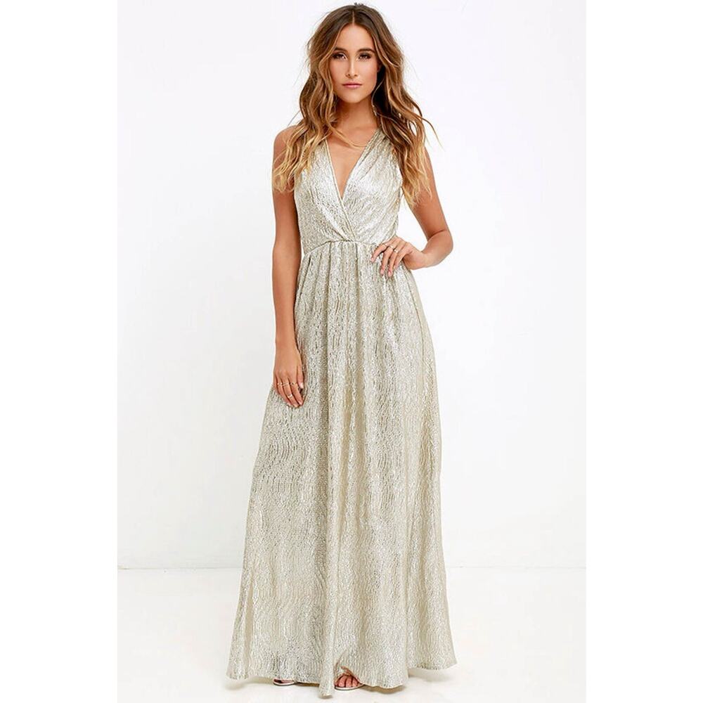 Lulus All The Shimmers Is Gold Maxi Dress Size XS Formal Elegant